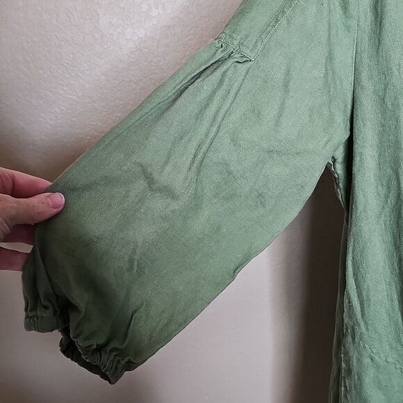 Soft Surroundings Large Linen Tunic Dress, Collar And 3/4 Sleeves Olive Green - Picture 3 of 8